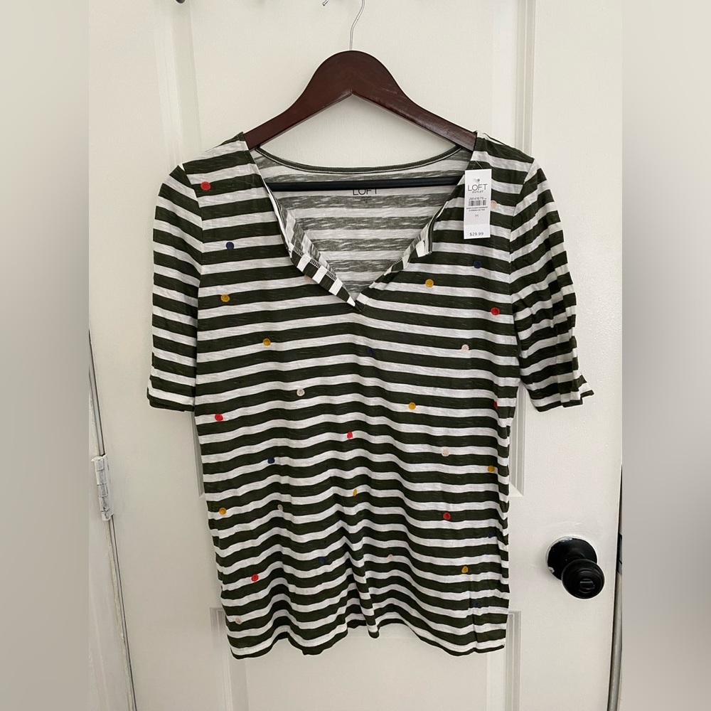 Loft olive green, stripped shirt with colorful poke a dots(Never Worn)